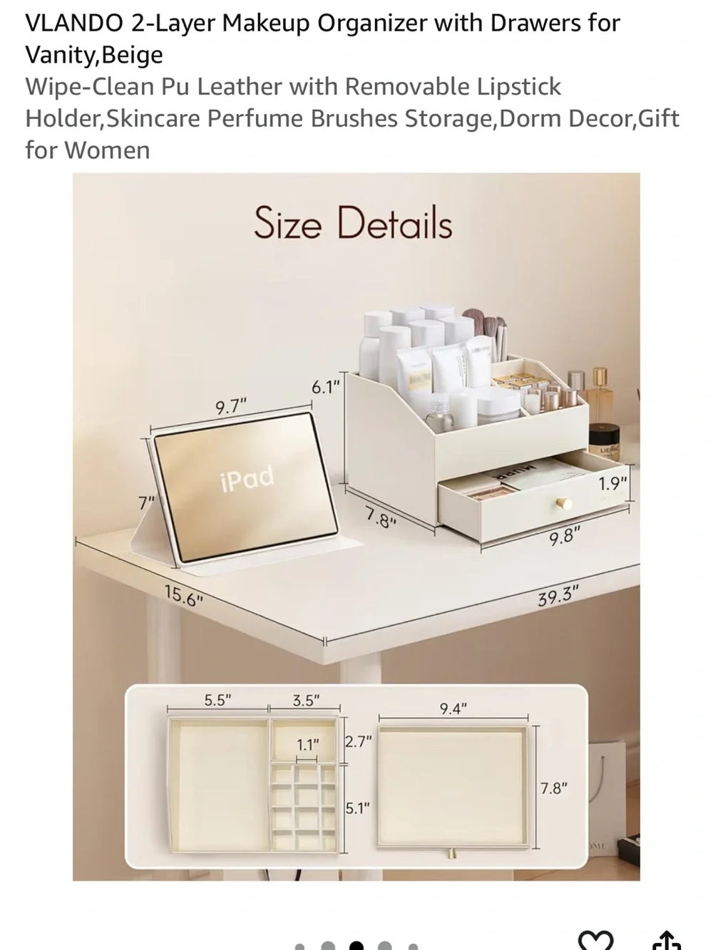 VLando 2-Layer Makeup Organizer Drawer - Cream